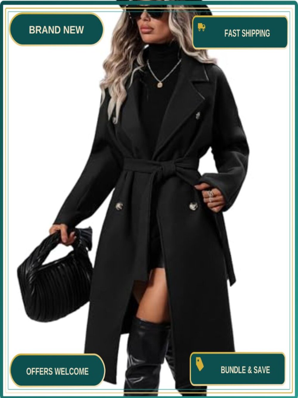 Wool Blend Pea Coat Long Trench Coat Double Breasted Knee Length Winter Coat